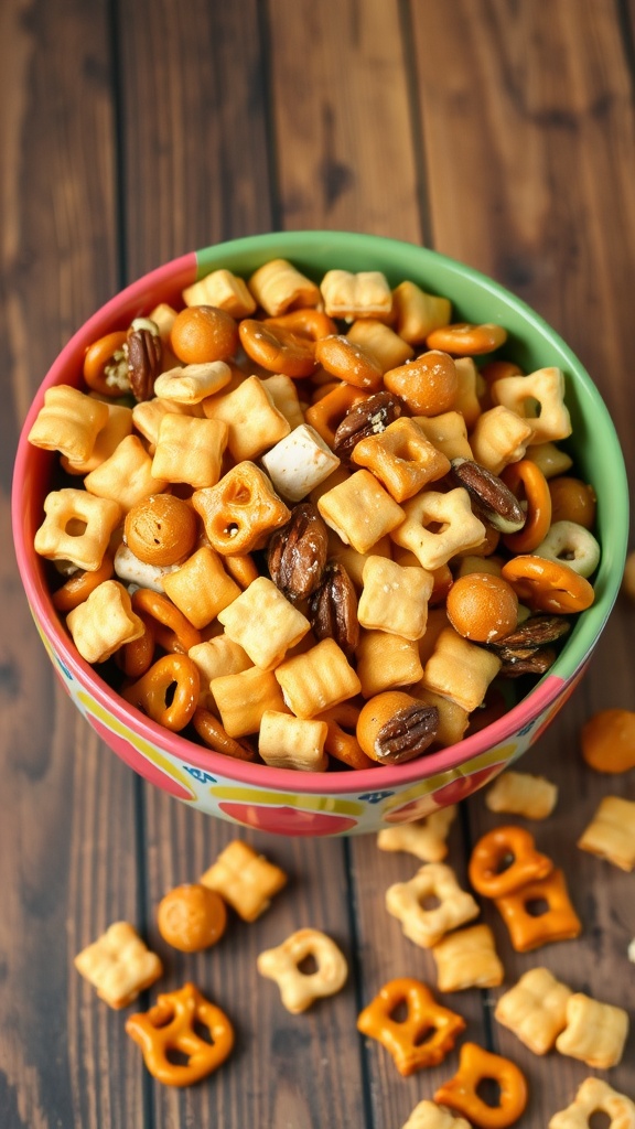 A bowl of savory snack mix with pretzels, nuts, and cheese crackers on a wooden table.